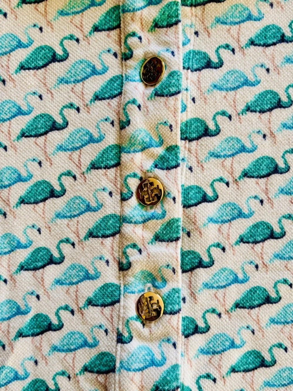 Sz L Tory Burch Cropped Cream Golf Polo with Teal Flamingo Print - Picture 4 of 9